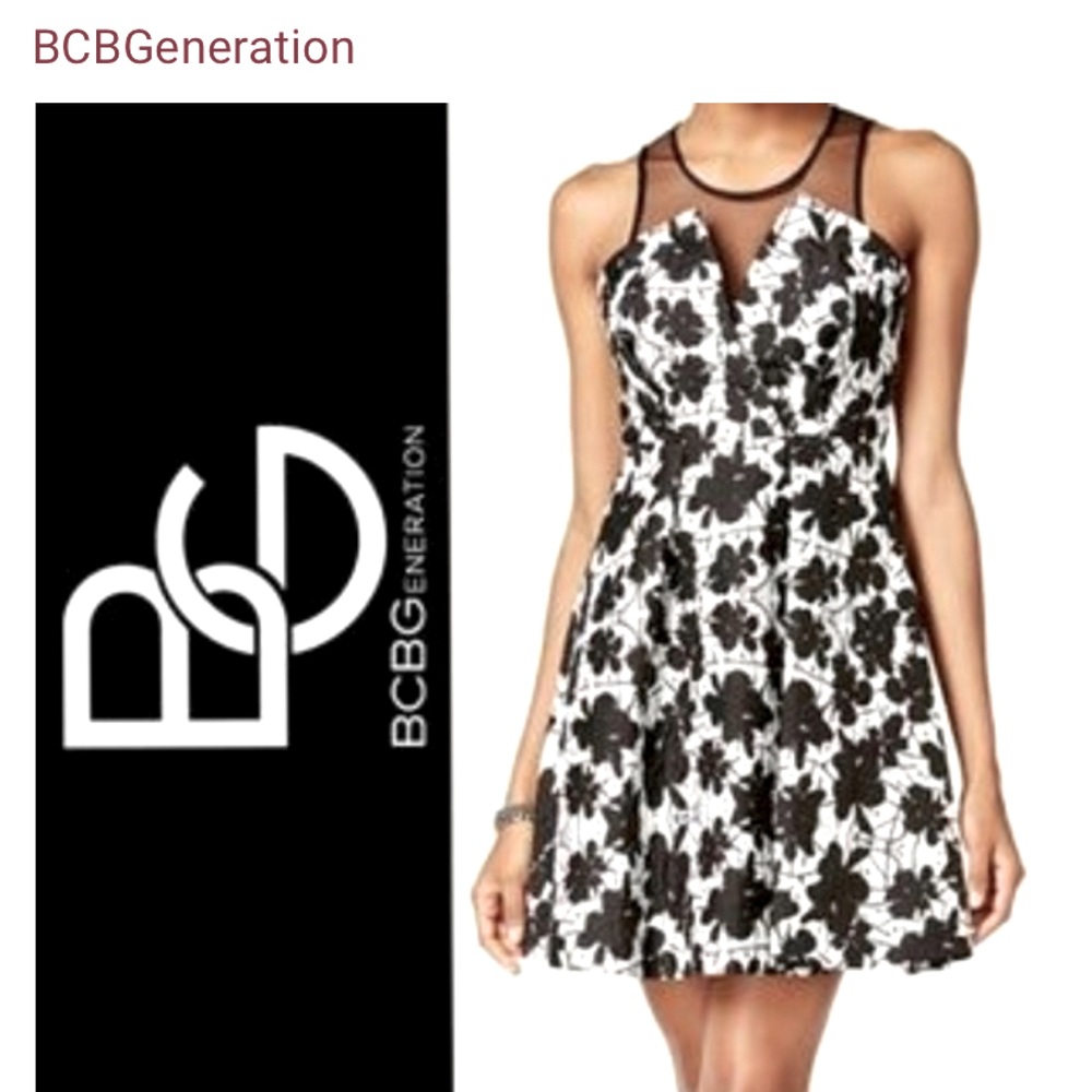 BCBG Abstract Print Dress With Sheer Neckline